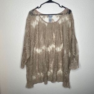 Catherines beige lace sheer blouse top boho girly lagenlook floral artsy 4x